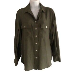 Ayr 100% Silk Shirt Womens Sz S Olive Green Oversized Button Front Blouse Luxury